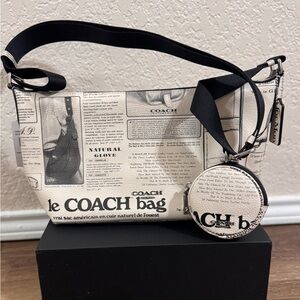 Coach Cream & Black Newspaper Print Shoulder Bag with Coin Pouch